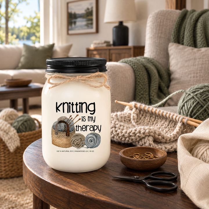 KINDMOOSE Knitting Is My Therapy 16 oz candle beside an active knitting project in a cozy cottage sitting room.