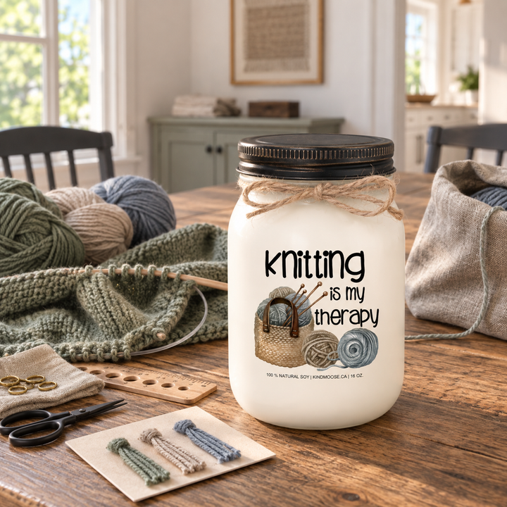 KINDMOOSE Knitting Is My Therapy candle with yarn and an unfinished knitting project on a bright cottage dining table.