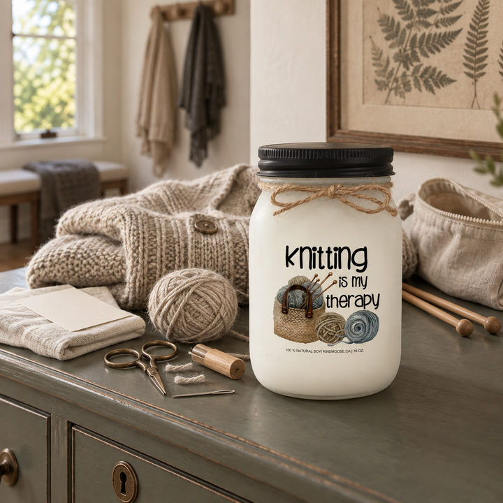 KINDMOOSE Knitting Is My Therapy candle beside a finished hand-knitted cardigan in a warm cottage bedroom dressing area.
