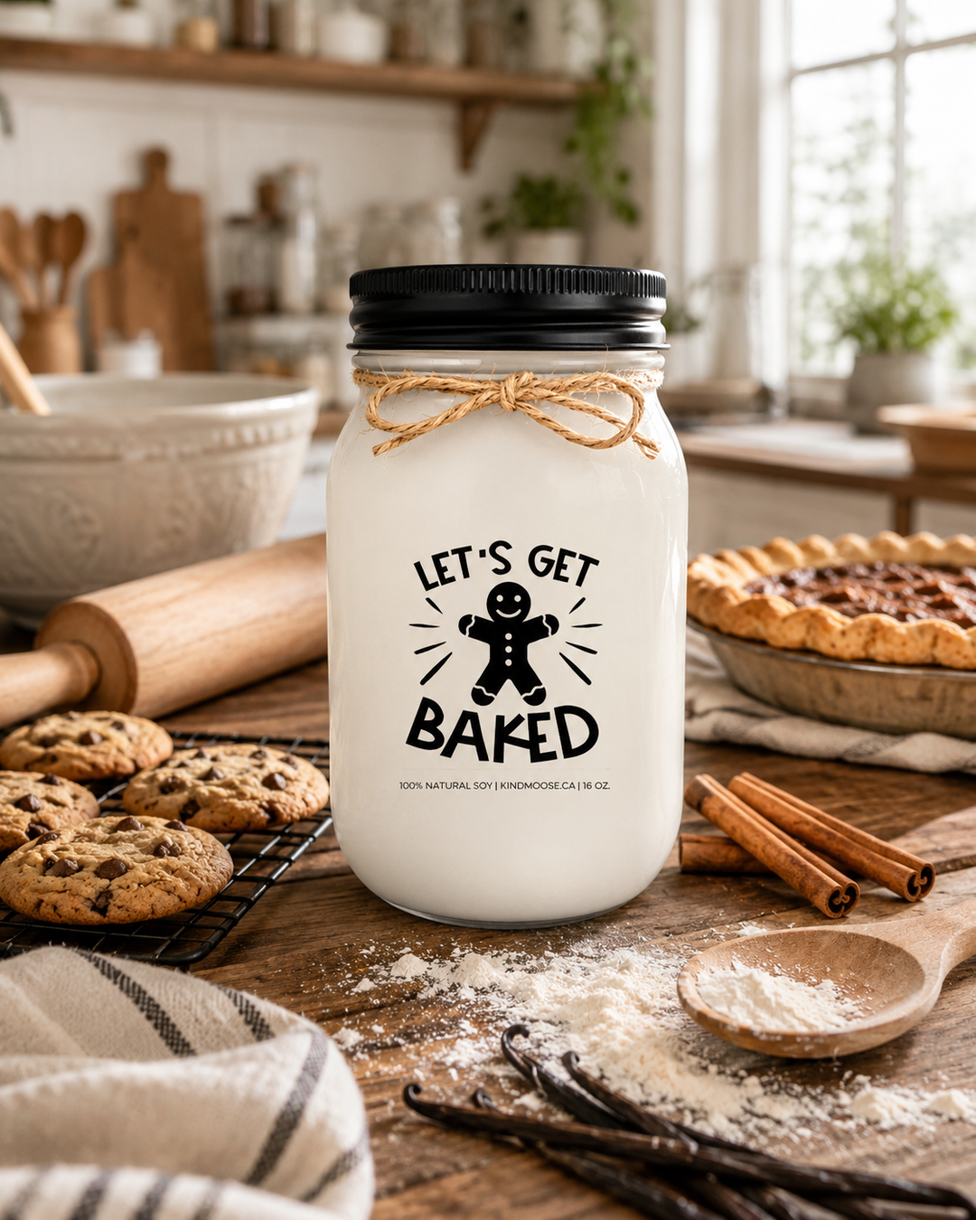 LET'S GET BAKED soy candle displayed on a rustic farmhouse kitchen island surrounded by freshly baked cookies, a rolling pin, cinnamon sticks, vanilla beans, and neutral linen accents. Warm sunlight fills the cozy kitchen, celebrating homemade baking, family traditions, and the comfort of time spent in the heart of the home.