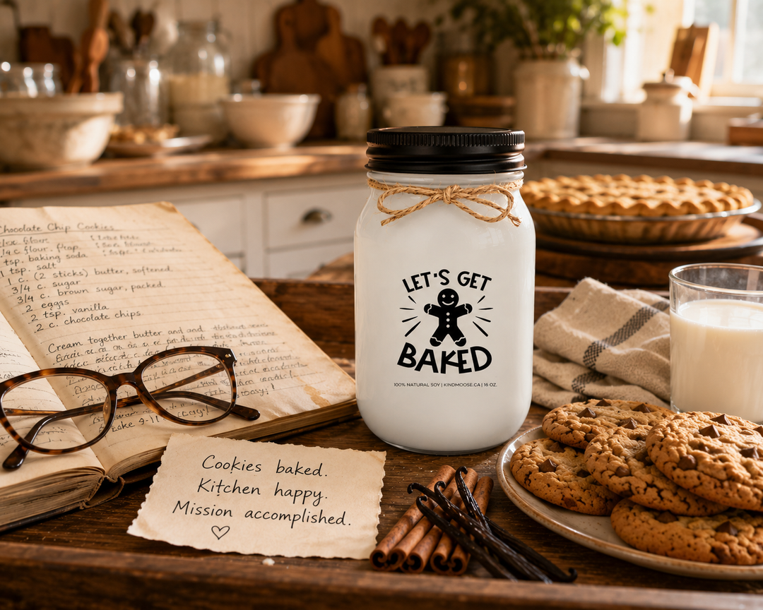 LET'S GET BAKED soy candle styled beside an open family recipe book, handwritten note, reading glasses, fresh cookies, a glass of milk, cinnamon sticks, vanilla beans, and baking tools. Bathed in warm afternoon sunlight, the scene reflects the satisfaction of a successful baking day and the traditions passed down through generations.