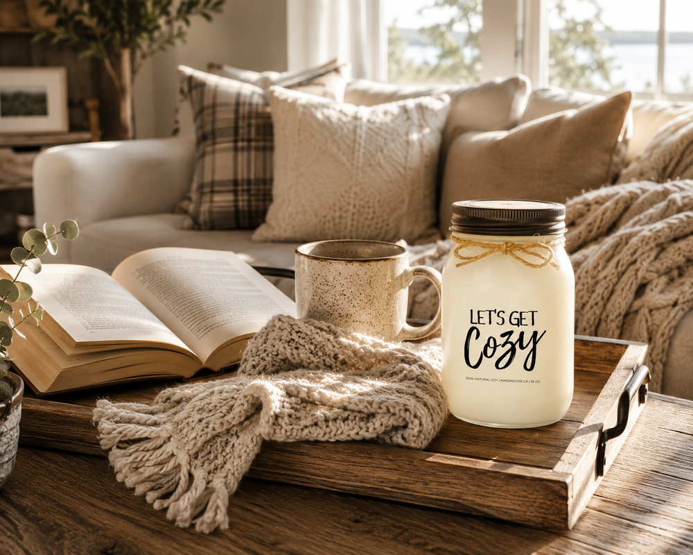 LET'S GET COZY inspirational soy candle by KINDMOOSE Candle Co. styled in a cozy cottage living room beside an open book, knit blanket, coffee mug, wooden tray, and soft pillows with warm natural sunlight filling the space.