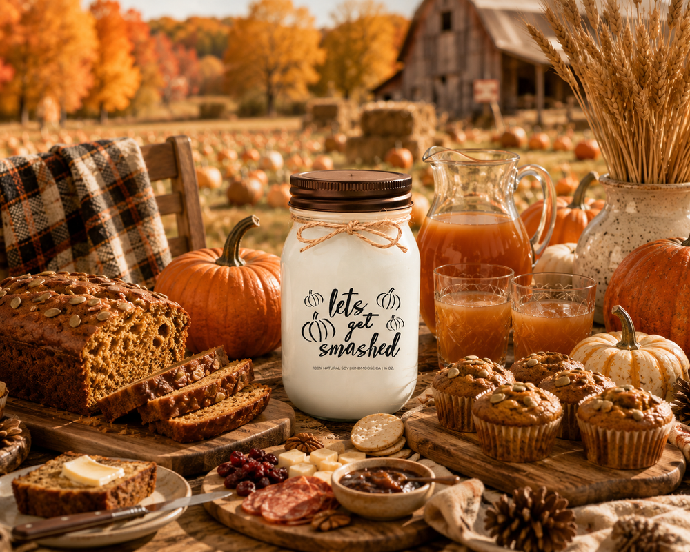 LET'S GET SMASHED soy candle with distressed bronze lid styled on a farmhouse table beside pumpkin loaf, pumpkin muffins, apple cider, seasonal snacks, heirloom pumpkins, and wheat stems. The welcoming autumn gathering scene captures harvest traditions, homemade treats, and the simple joy of pumpkin season.