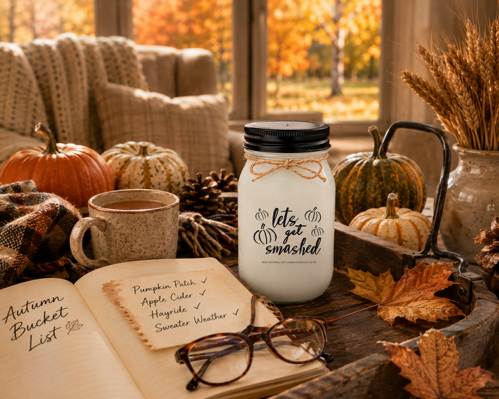 LET'S GET SMASHED soy candle styled beside an autumn bucket-list journal, reading glasses, warm apple cider, plaid scarf, heirloom pumpkins, pinecones, wheat stems, and colourful fall leaves. Bathed in warm afternoon sunlight, the scene reflects on pumpkin patches, hayrides, and the traditions that make autumn special.