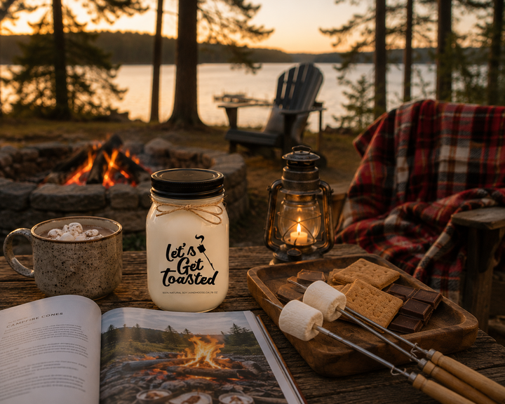 LET'S GET TOASTED soy candle with black lid displayed in a rustic cottage campfire setting beside a mug, plaid blanket, roasting sticks, lantern, and campfire recipe book overlooking a calm lake.