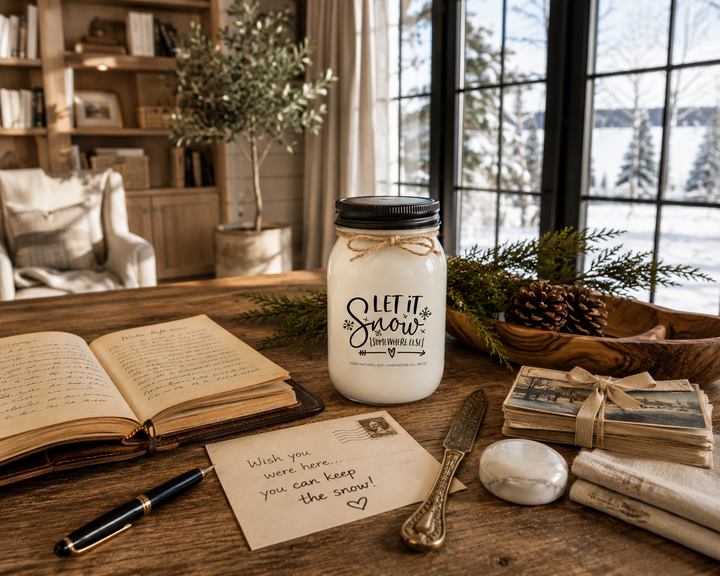 LET IT SNOW (SOMEWHERE ELSE) customizable KINDMOOSE soy candle with a black lid on a reclaimed white oak writing desk inside a luxury Canadian cottage study. A leather journal, handwritten humorous postcard, fountain pen, cedar sprigs, pinecones, and warm morning light create a peaceful winter storytelling scene filled with comfort and laughter.