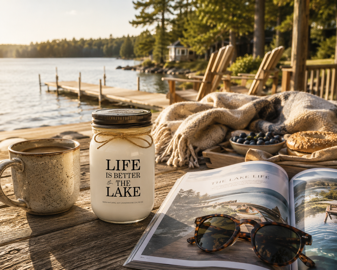 LIFE IS BETTER AT THE LAKE candle with distressed bronze lid styled on a lakeside cottage deck beside a coffee mug, lake magazine, sunglasses, blanket, and breakfast tray.