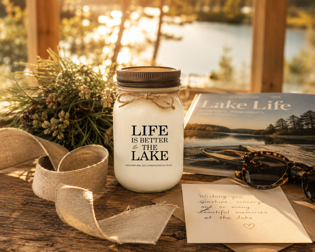 LIFE IS BETTER AT THE LAKE candle with distressed bronze lid styled as a thoughtful cottage gift beside a handwritten card, linen ribbon, lake magazine, sunglasses, greenery, and rustic wood décor.