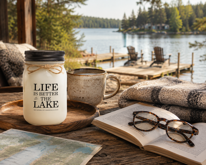 LIFE IS BETTER AT THE LAKE candle with black lid on a rustic lakeside table beside an open novel, reading glasses, coffee mug, blanket, lake map, and wooden tray overlooking the water.