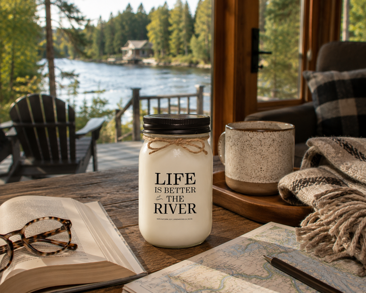 Life Is Better At The River candle with open novel, coffee mug and blanket beside a quiet river cottage setting