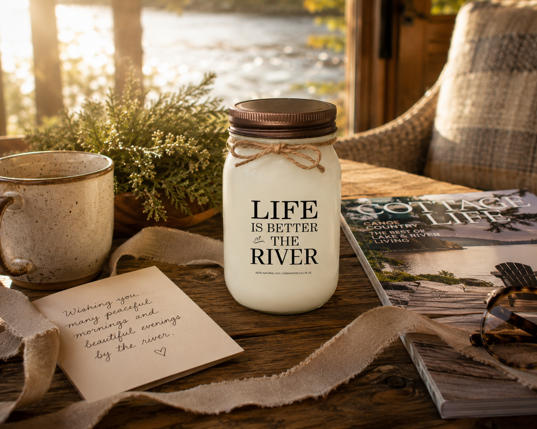 Life Is Better At The River candle styled as a thoughtful cottage gift with handwritten card, linen ribbon and rustic home décor