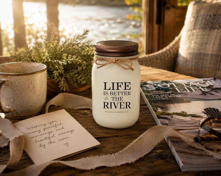 Life Is Better At The River candle styled as a thoughtful cottage gift with handwritten card, linen ribbon and rustic home décor