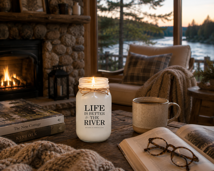 Life Is Better At The River soy candle burning inside a cozy riverside cottage with fireplace, warm lighting and peaceful river views