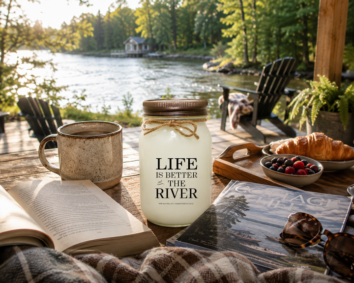 Life Is Better At The River candle beside coffee, book and cozy blanket on a riverside cottage deck creating a relaxing morning moment