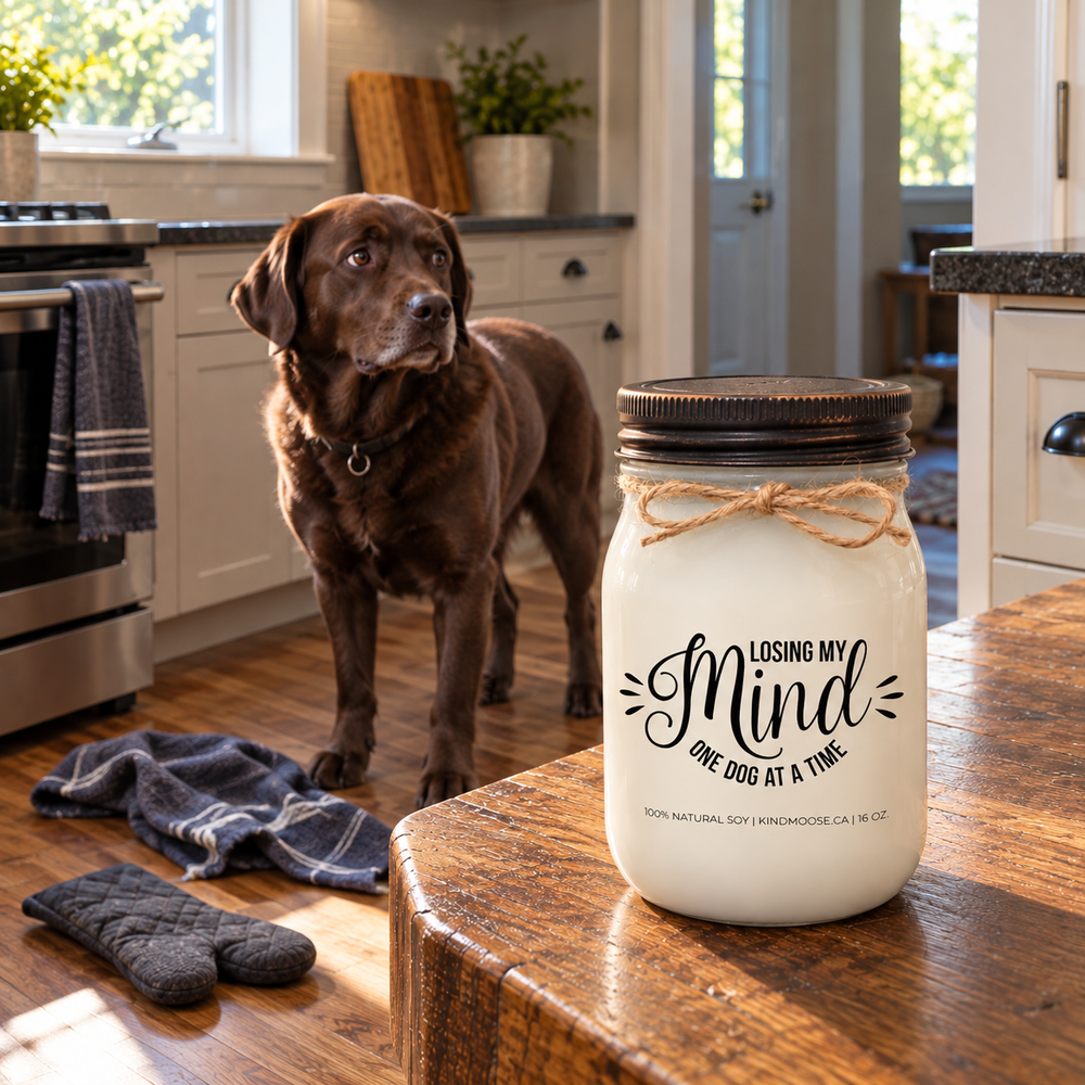 LOOSING MY MIND ONE DOG AT A TIME KINDMOOSE candle in a family kitchen with a dog and everyday signs of canine mischief.