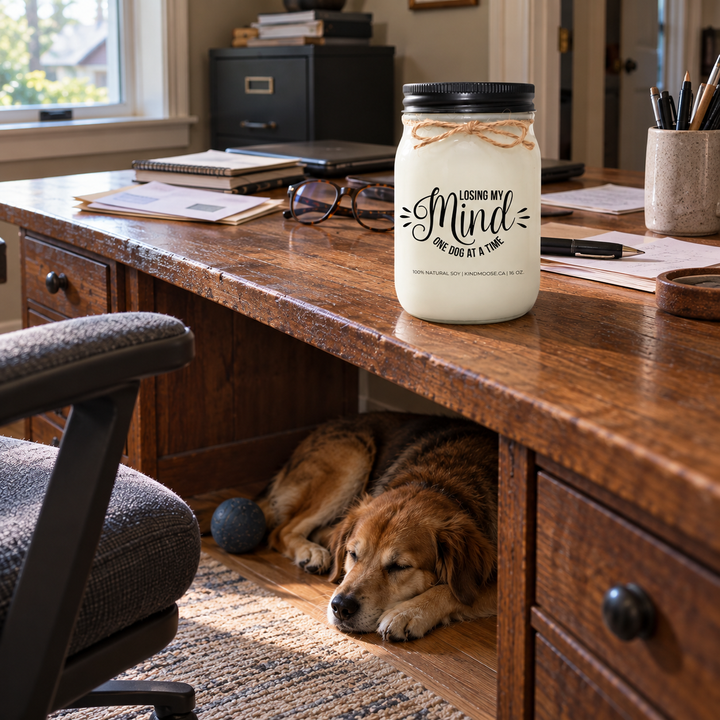 LOOSING MY MIND ONE DOG AT A TIME KINDMOOSE candle in a lived-in home office with a dog resting beneath the desk.