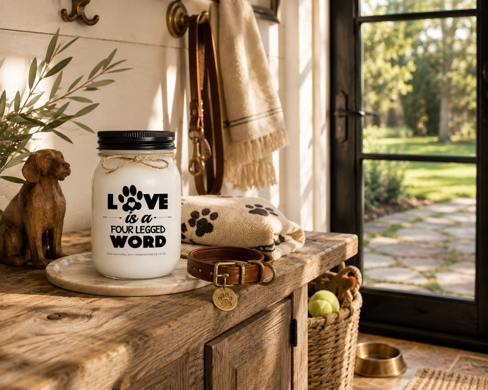 LOVE IS A FOUR LEGGED WORD customizable scented soy candle by KINDMOOSE Candle Co. resting on a reclaimed white oak mudroom bench after a peaceful afternoon dog walk, featuring a black lid, natural twine bow, folded cream throw, leather dog collar, antique brass pet tag, handcrafted wooden tray, and welcoming modern farmhouse entry.