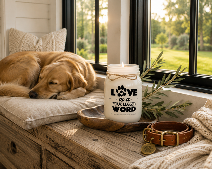 LOVE IS A FOUR LEGGED WORD customizable scented soy candle by KINDMOOSE Candle Co. burning on a reclaimed white oak window seat beside a peacefully sleeping golden retriever, with a cream knit throw, cognac leather collar, antique brass pet tag, walnut tray, olive branches, and warm afternoon sunlight creating a cozy farmhouse reading nook.