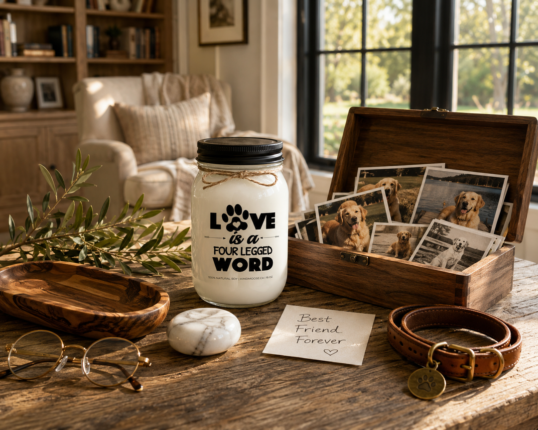 LOVE IS A FOUR LEGGED WORD customizable scented soy candle by KINDMOOSE Candle Co. displayed on a reclaimed white oak library table beside a handcrafted keepsake box filled with treasured dog photographs, a handwritten Best Friend Forever note, antique brass reading glasses, olive branches, and warm natural light in a luxury modern farmhouse reading room.