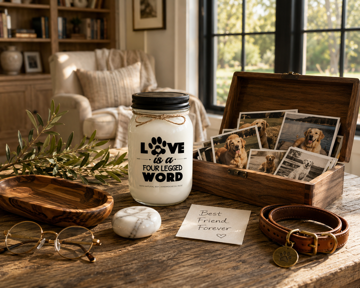 LOVE IS A FOUR LEGGED WORD customizable scented soy candle by KINDMOOSE Candle Co. displayed on a reclaimed white oak library table beside a handcrafted keepsake box filled with treasured dog photographs, a handwritten Best Friend Forever note, antique brass reading glasses, olive branches, and warm natural light in a luxury modern farmhouse reading room.