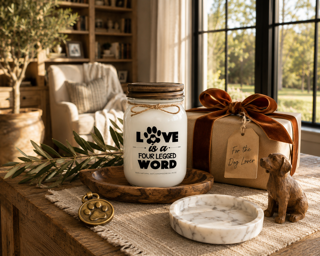 LOVE IS A FOUR LEGGED WORD customizable scented soy candle by KINDMOOSE Candle Co. presented as a thoughtful pet-lover gift on a reclaimed white oak library console with a distressed bronze lid, kraft-wrapped gift, cognac velvet ribbon, handwritten gift tag, carved wooden dog figurine, brass paw-print ornament, olive branches, and bright afternoon sunlight in a luxury Canadian modern farmhouse.