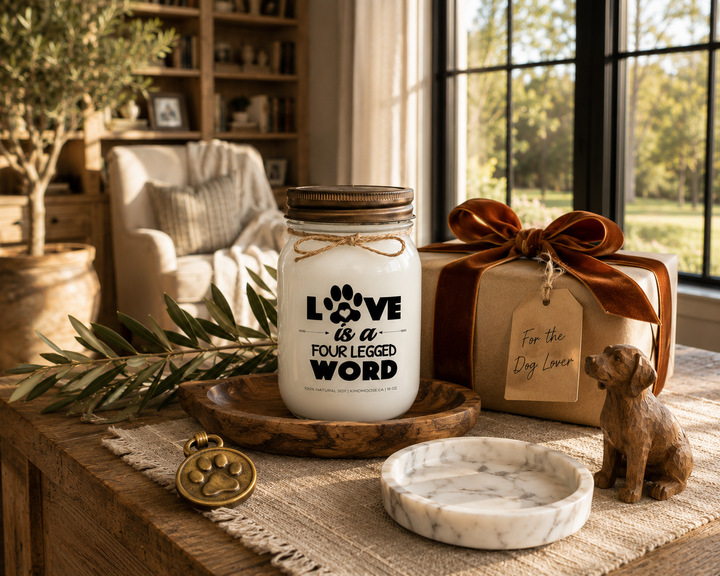 LOVE IS A FOUR LEGGED WORD customizable scented soy candle by KINDMOOSE Candle Co. presented as a thoughtful pet-lover gift on a reclaimed white oak library console with a distressed bronze lid, kraft-wrapped gift, cognac velvet ribbon, handwritten gift tag, carved wooden dog figurine, brass paw-print ornament, olive branches, and bright afternoon sunlight in a luxury Canadian modern farmhouse.