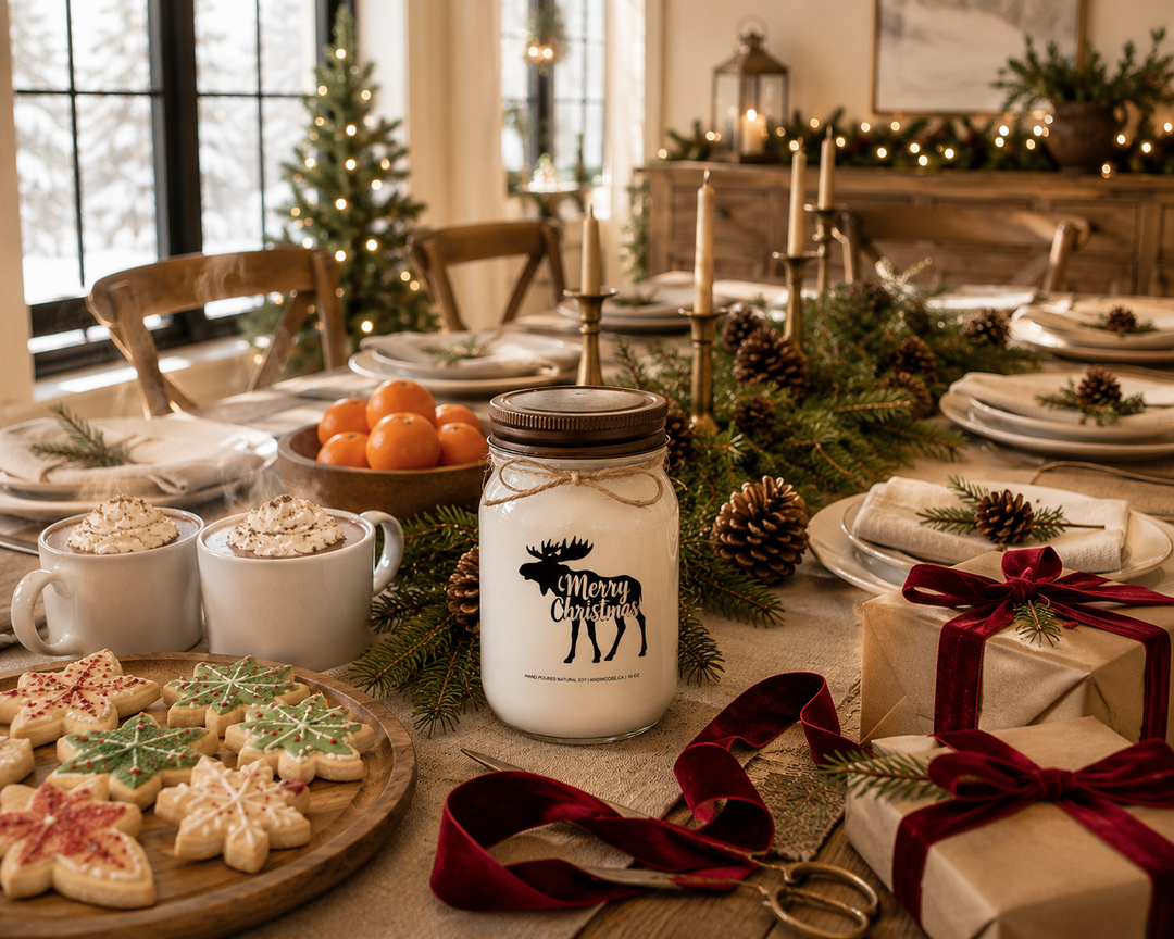 Merry Christmas personalized soy candle with a distressed bronze lid centered on a beautifully decorated farmhouse dining table with Christmas cookies, hot chocolate, clementines, cedar garland, wrapped gifts, and a festive Christmas tree in the background.