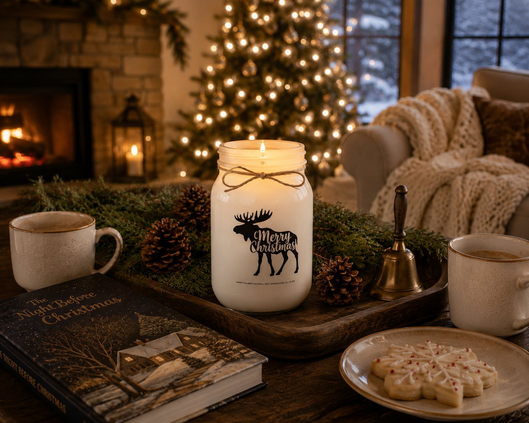 Lit Merry Christmas personalized soy candle without a lid resting on a reclaimed walnut coffee table beside a Christmas storybook, mugs of hot chocolate, a holiday cookie, cedar garland, and pinecones in a peaceful farmhouse living room after Christmas Day.