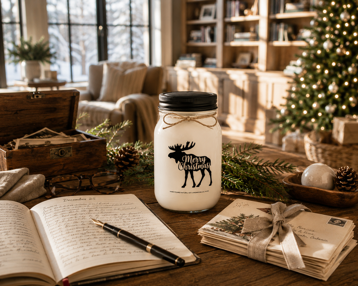 Merry Christmas personalized soy candle with a black lid displayed on a white oak writing desk beside a handwritten Christmas journal, Christmas cards, a keepsake box, reading glasses, cedar sprigs, and pinecones inside a cozy luxury farmhouse family library.