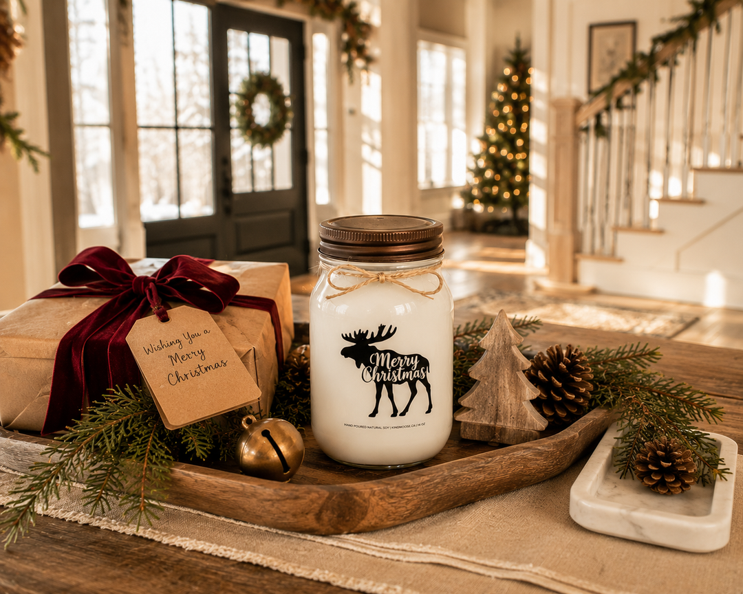 Merry Christmas personalized soy candle with a distressed bronze lid styled as a thoughtful Christmas gift on a reclaimed white oak entry console beside a kraft-wrapped present with velvet ribbon, cedar branches, pinecones, a wooden Christmas tree ornament, and a vintage brass sleigh bell in a bright luxury farmhouse foyer.
