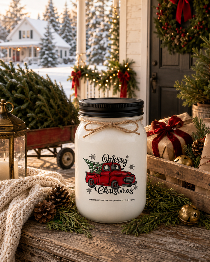 MERRY CHRISTMAS soy candle displayed on a rustic farmhouse front porch beside a freshly cut Christmas tree in a vintage red wagon with evergreen garland, pinecones, lanterns, wrapped gifts, and warm winter sunshine.