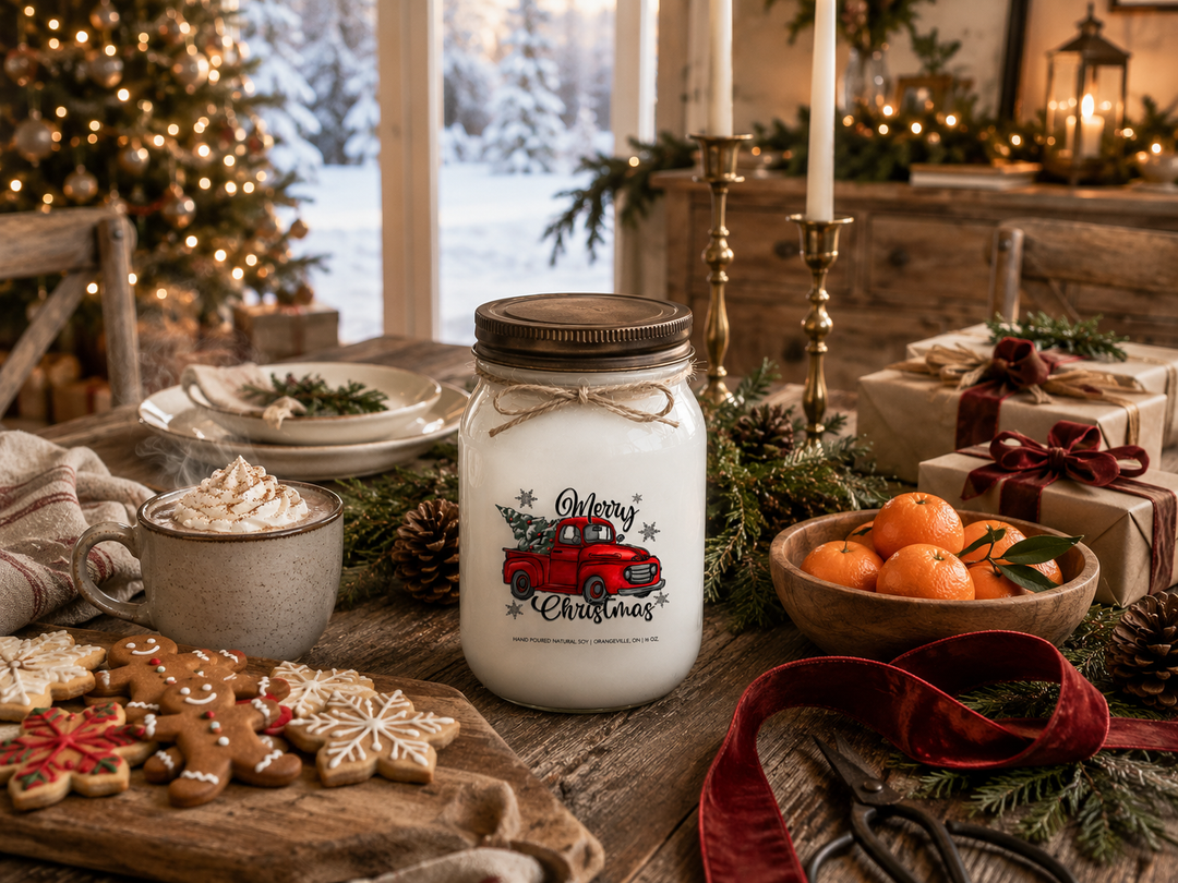 MERRY CHRISTMAS soy candle burning on a rustic farmhouse sideboard after Christmas dinner with Christmas cake, coffee cups, evergreen garland, vintage ornaments, and a softly glowing Christmas tree creating a peaceful holiday evening.