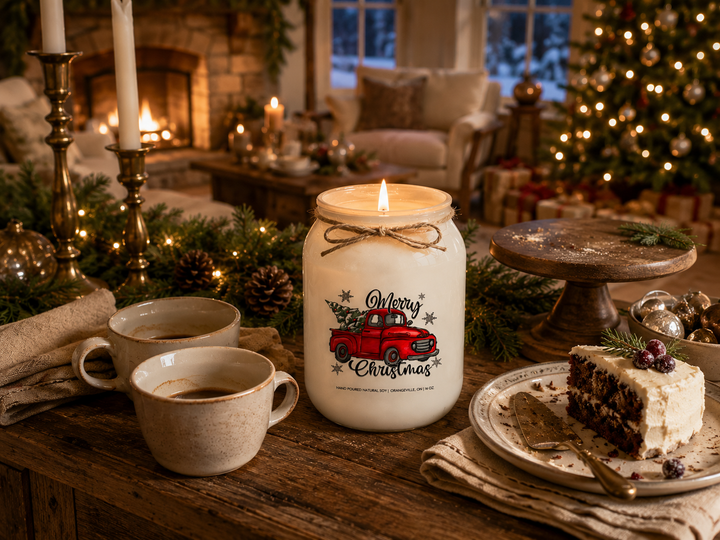 MERRY CHRISTMAS soy candle burning on a rustic farmhouse sideboard after Christmas dinner with Christmas cake, coffee cups, evergreen garland, vintage ornaments, and a softly glowing Christmas tree creating a peaceful holiday evening.