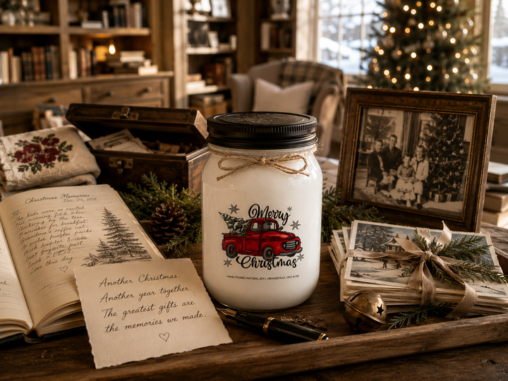 MERRY CHRISTMAS soy candle displayed beside a family Christmas journal, handwritten holiday note, vintage Christmas cards, framed family photo, pinecones, and evergreen branches in a cozy farmhouse library filled with holiday memories.