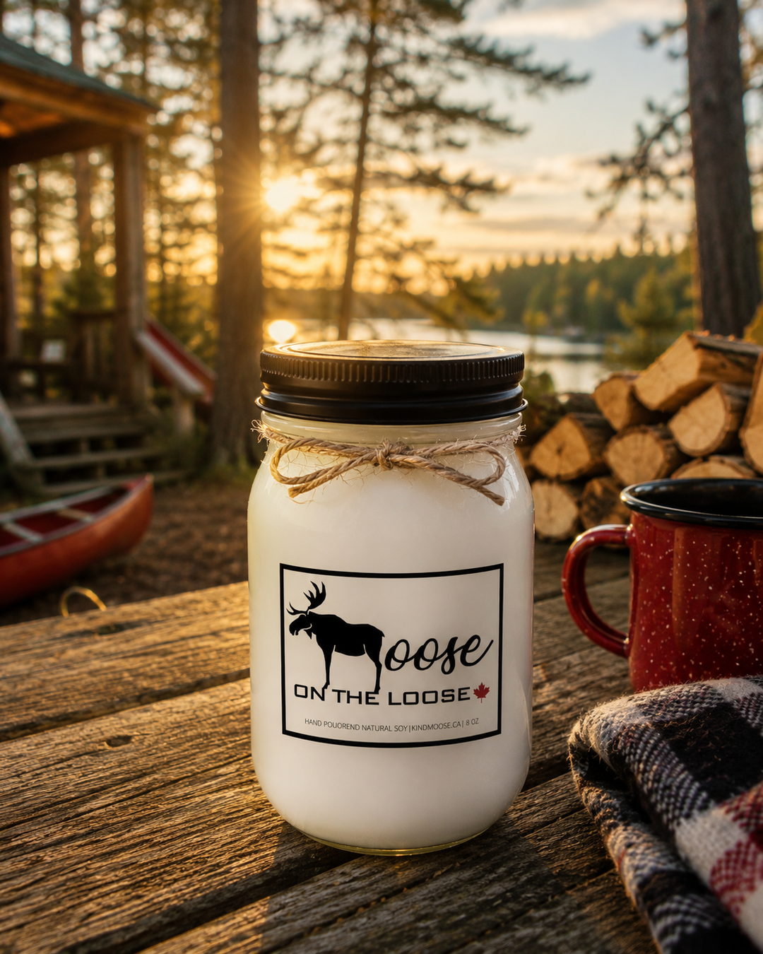 LIFE IS BETTER AT THE RIVER candle on a rustic wooden deck overlooking a peaceful river, surrounded by trees and warm morning sunlight at a cozy riverside cottage.