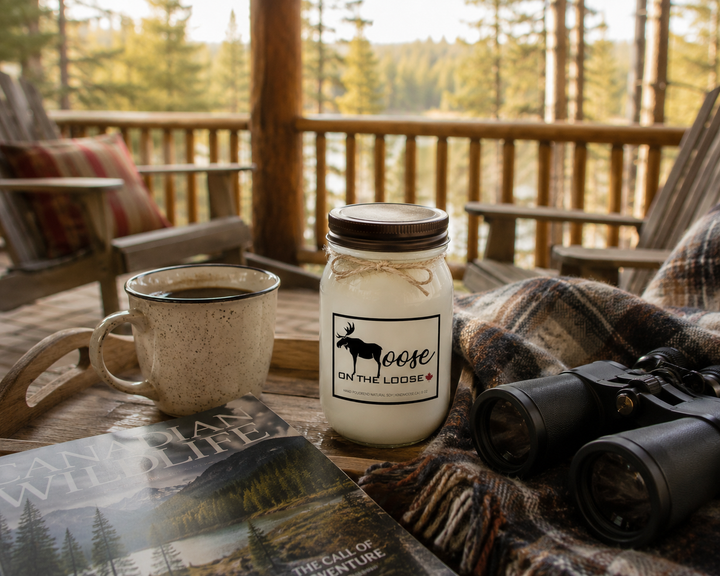 LIFE IS BETTER AT THE RIVER candle beside a coffee mug, open book, plaid blanket, and breakfast tray on a riverside cottage deck with calm water and trees in the background.