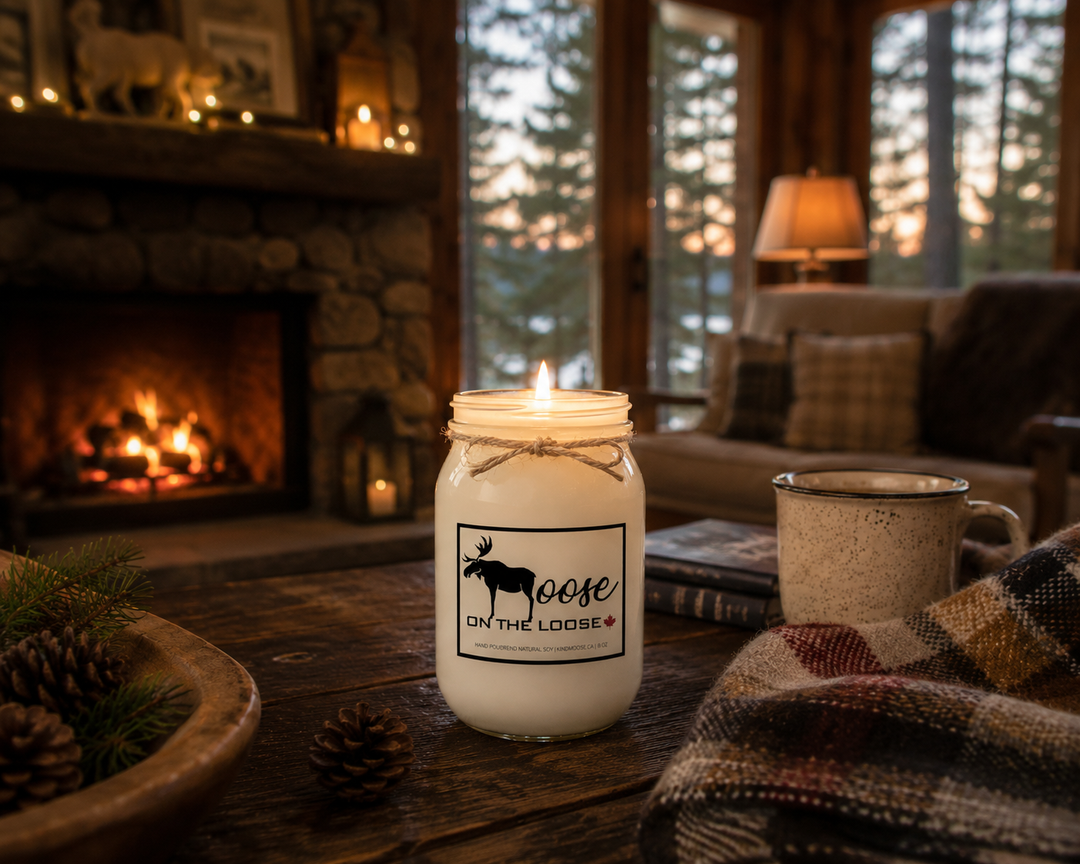 Burning LIFE IS BETTER AT THE RIVER candle in a cozy riverside cottage featuring a stone fireplace, rustic wood furniture, large windows overlooking the river, and warm evening light.