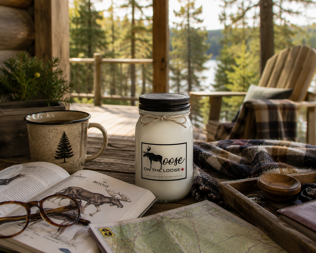 LIFE IS BETTER AT THE RIVER candle with an open novel, reading glasses, coffee mug, folded blanket, and river map on a cottage deck overlooking a peaceful river.