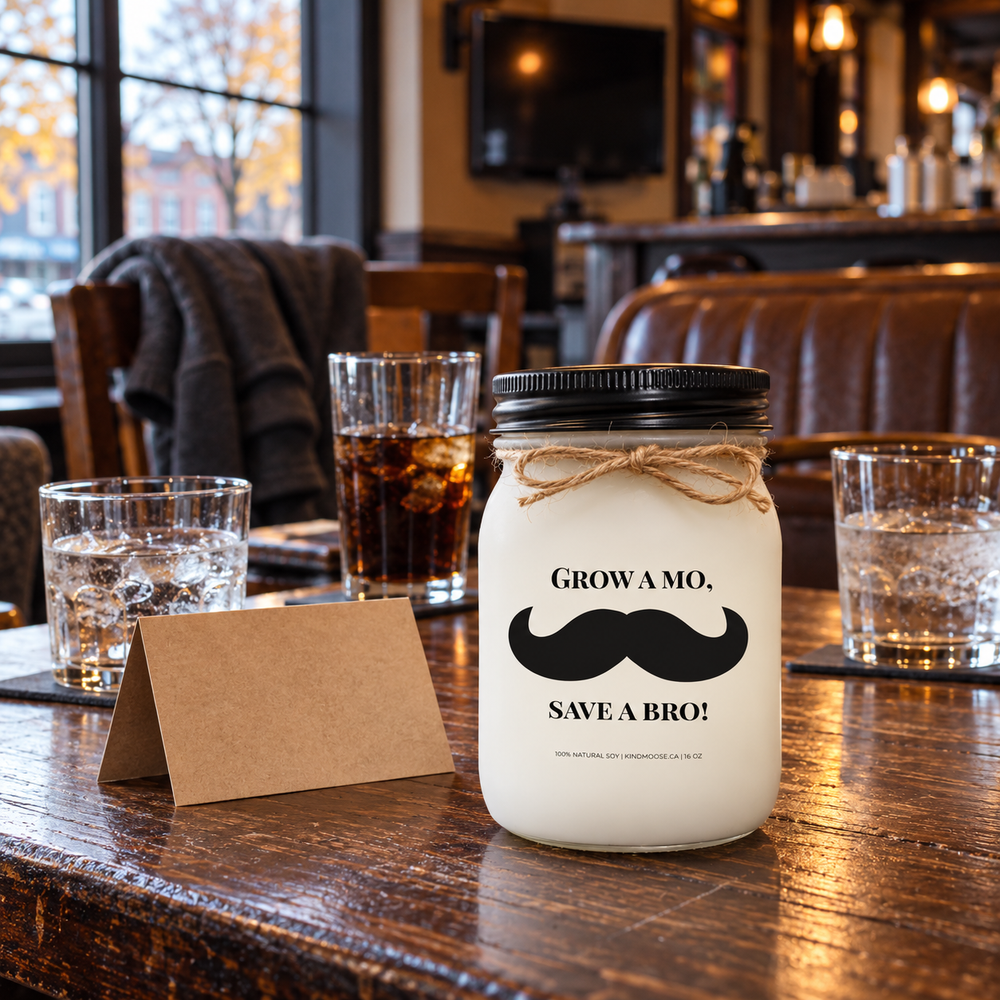 KINDMOOSE Grow a Mo, Save a Bro! Movember candle on a wooden pub table with three drinks, a greeting card and chairs suggesting a gathering of longtime friends.