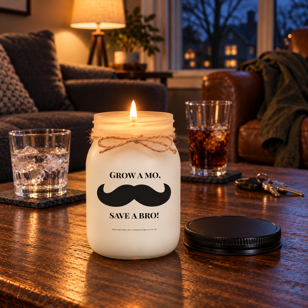 Lit KINDMOOSE Grow a Mo, Save a Bro! 16 oz candle with a single flame and frosted white jar on a wooden coffee table in a cozy living room.