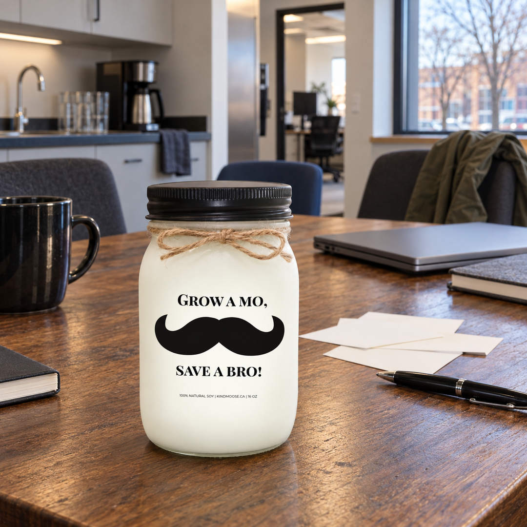 KINDMOOSE Grow a Mo, Save a Bro! Movember candle on a shared workplace table with challenge cards, a pen and office chairs representing team camaraderie.