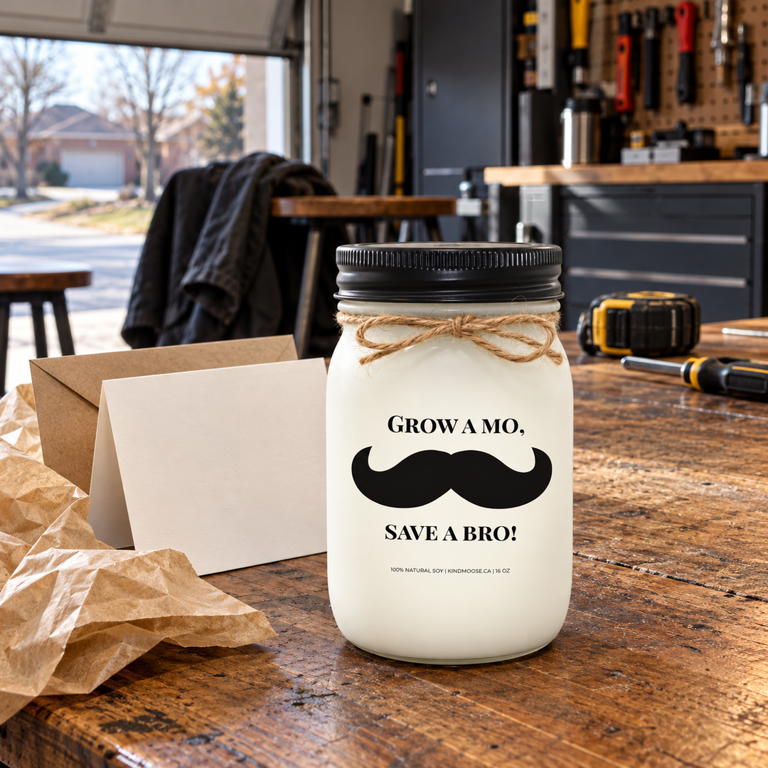 KINDMOOSE Grow a Mo, Save a Bro! 16 oz Movember candle with black lid beside a blank greeting card and kraft wrapping on a wooden garage workbench.