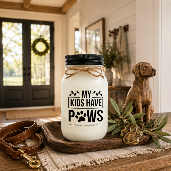 My Kids Have Paws customizable 16 oz soy candle with a black lid displayed on a reclaimed white oak entryway console beside a leather dog leash, walnut tray, brass paw ornament, and olive branches. Bright morning sunlight fills a luxury modern farmhouse foyer celebrating the unconditional love of pets.