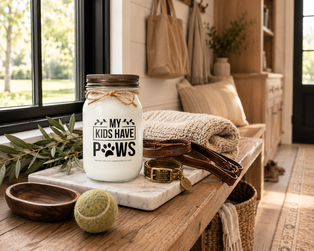My Kids Have Paws customizable 16 oz soy candle with a distressed bronze lid displayed on a white marble tray atop a reclaimed white oak mudroom bench beside a leather dog leash, brass collar, knit blanket, tennis ball, and olive branches. Warm morning light creates a welcoming modern farmhouse pet-lover scene.