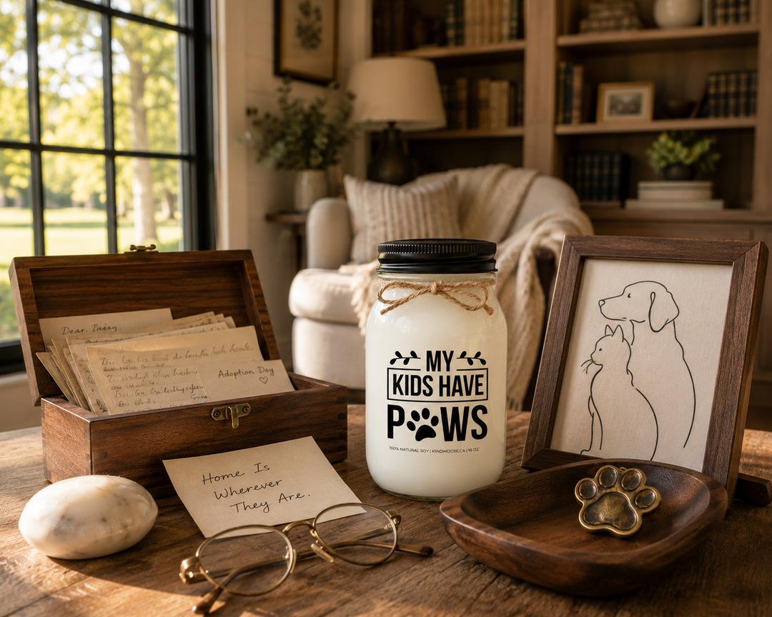 My Kids Have Paws customizable 16 oz soy candle with a black lid displayed on a reclaimed white oak library table beside a keepsake box of handwritten adoption letters, brass reading glasses, marble paperweight, walnut tray, paw-print ornament, and minimalist dog and cat artwork in a luxury modern farmhouse reading room.