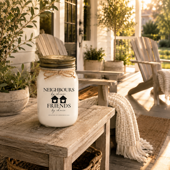 Neighbours by Chance, Friends by Choice customizable 16 oz soy candle with a distressed bronze lid displayed on a reclaimed white oak porch table beside Adirondack chairs, a cream knit throw, woven basket, and olive trees. Golden hour light creates a warm modern farmhouse gathering place for neighbours and friends.