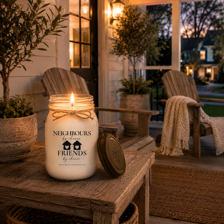 Neighbours by Chance, Friends by Choice customizable 16 oz soy candle burning with a single cotton wick on a reclaimed white oak porch table. The distressed bronze lid rests beside the candle while Adirondack chairs, olive trees, and warm porch lighting create a peaceful evening shared with neighbours.