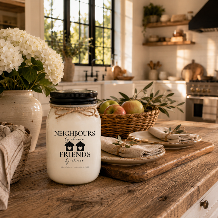 Neighbours by Chance, Friends by Choice customizable 16 oz soy candle with a black lid displayed on a reclaimed white oak kitchen island beside white hydrangeas, fresh apples, linen napkins, and rustic serving boards. A bright modern farmhouse kitchen celebrates friendship and welcoming neighbours.