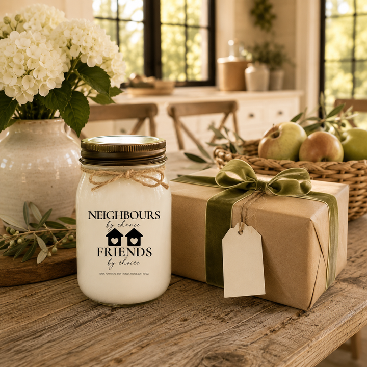Neighbours by Chance, Friends by Choice customizable 16 oz soy candle with a distressed bronze lid displayed beside a beautifully wrapped housewarming gift with a sage velvet ribbon and blank gift tag. White hydrangeas, fresh pears, apples, and olive branches create an elegant modern farmhouse gift scene.