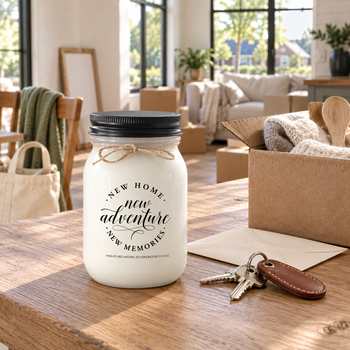KINDMOOSE New Home New Adventure New Memories 16 oz candle with black lid in a bright new home with moving boxes, house keys and partially unpacked décor.
